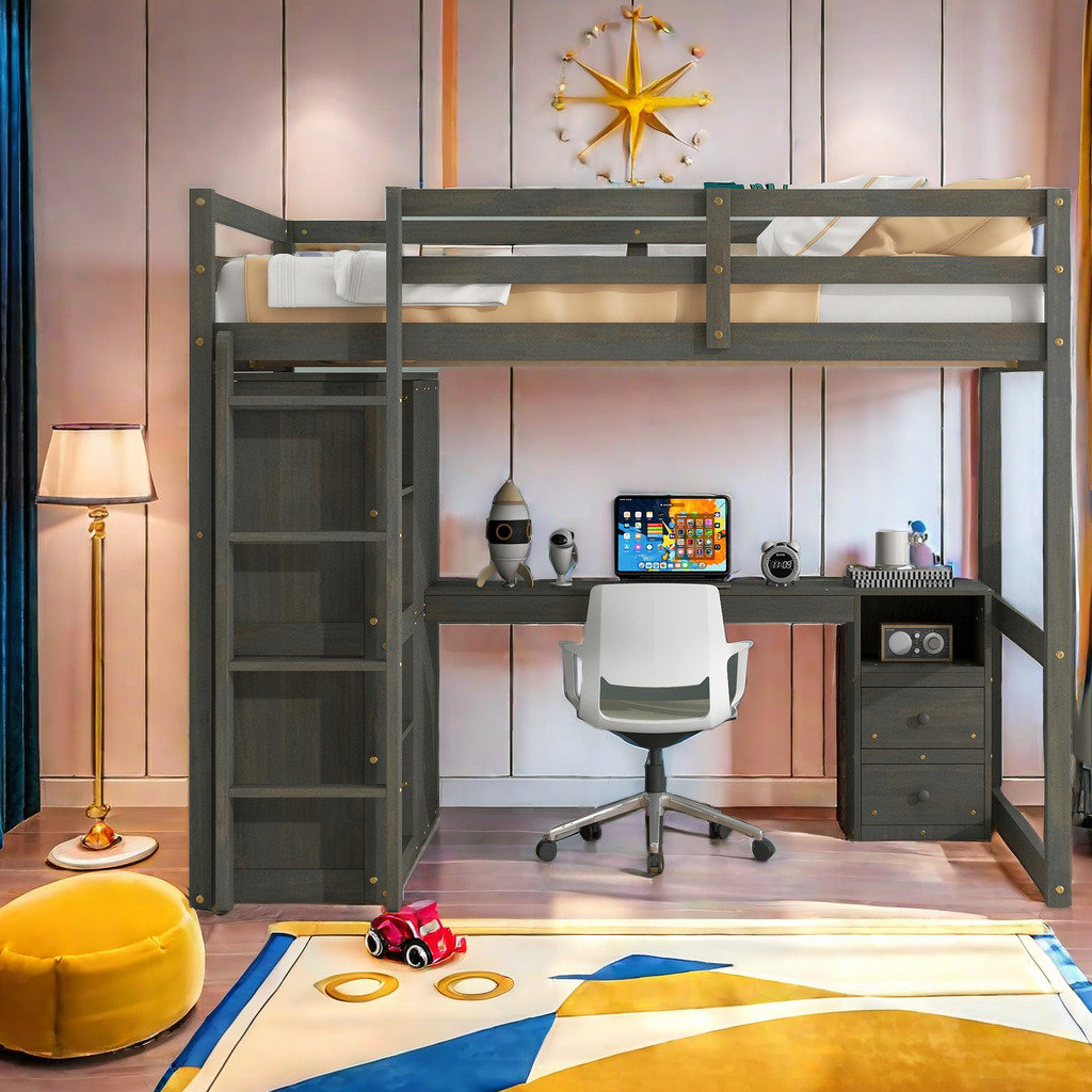 Harriet Bee Wood Full Size Loft Bed With Built-In Wardrobe, Desk ...