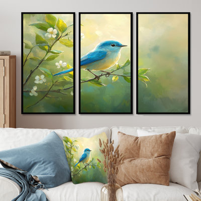 Oiseau bleu au début du printemps - Art mural grand oiseau - 3 panneaux