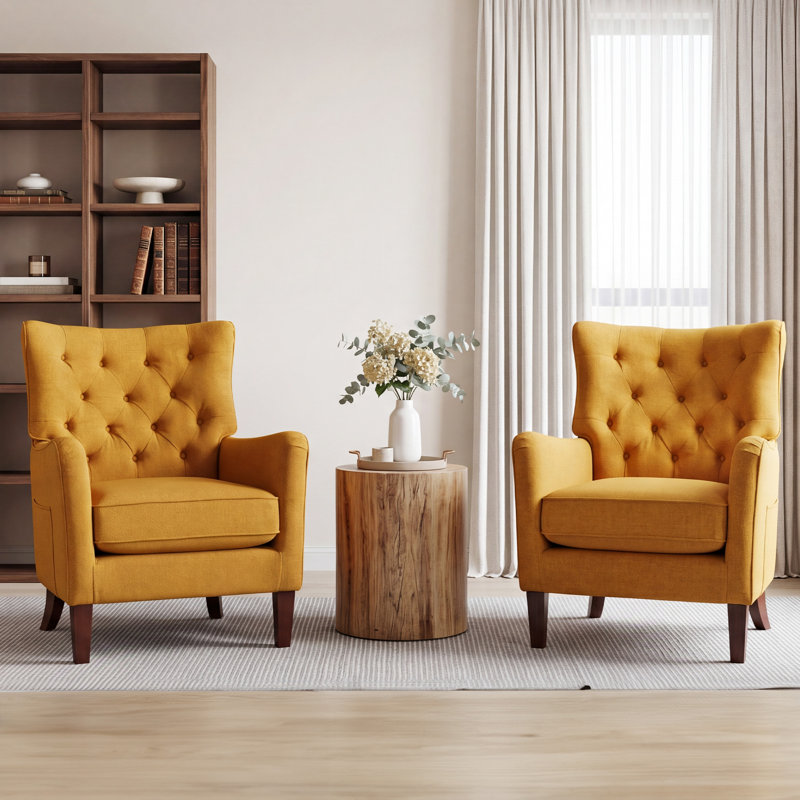 Button-Tufted Horn-Back Armchair, Accent Chair with Padded Cushion, Side Pocket and Solid Wood Legs (Set of 2), Yellow