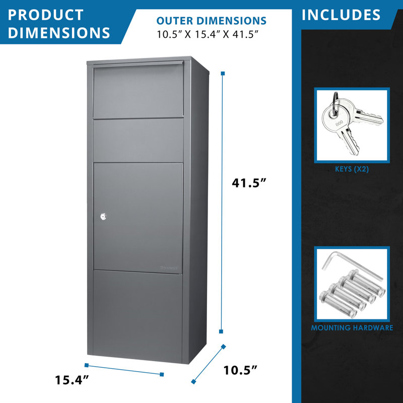 Boîte à colis avec serrure - acier gris pour la sécurité du porche, fente de 13 po x 6 po, 10,5 po x 15,4 po x 41,5 po, 34 lb, conseils d'installation pratiques verrouillables en acier, réponses simples