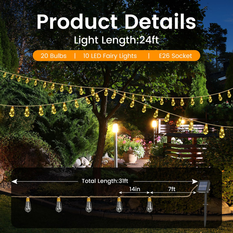 Solar Outdoor String Lights 24FT Vintage Rope Hemp Solar Lights With 20 Shatterproof Bulbs,8 Modes Solar Powered String Lights With Memory Function,Waterproof For Fence,Yard,Camping