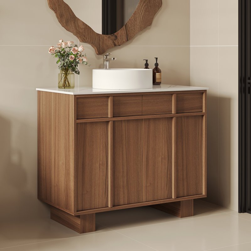 36"L x 19.68"W Freestanding Bathroom Vanity with Sintered Stone Top, Vessel Sink & Storage Cabinet, Stone Top Bathroom Vanity with Ceramic Vessel Sink