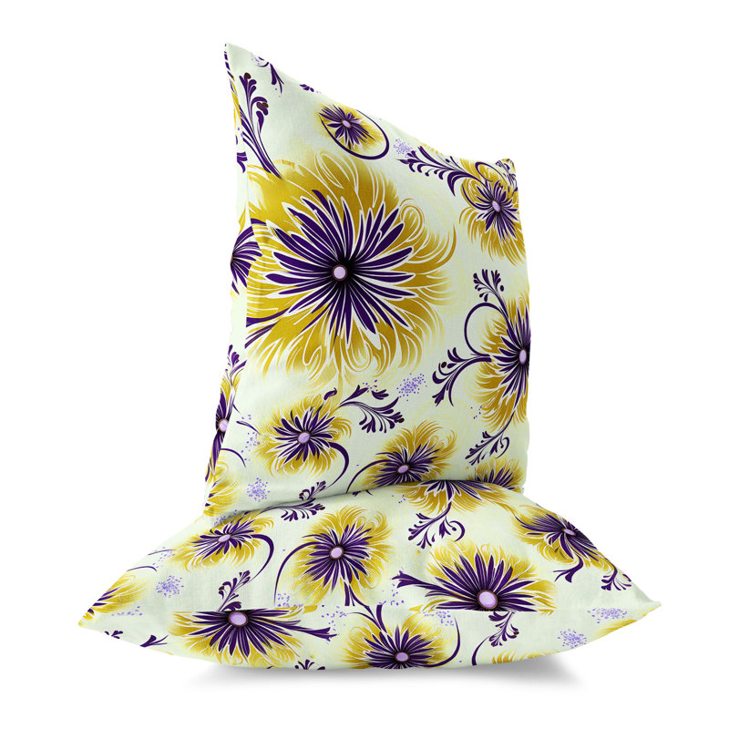 Yellow and Purple Floral Reversible Square Throw Pillow