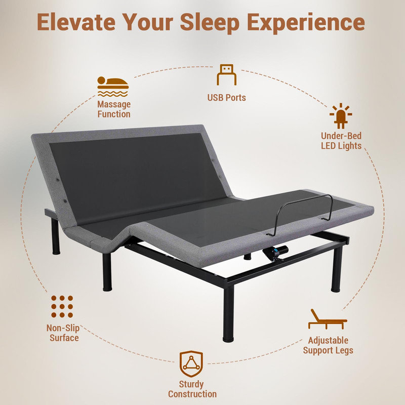 Adjustable Bed Frame, Adjustable Bed Base with Wireless Remote and 1 USB Port, Head & Foot Incline, Electric Bed Frame with 4 Height Options