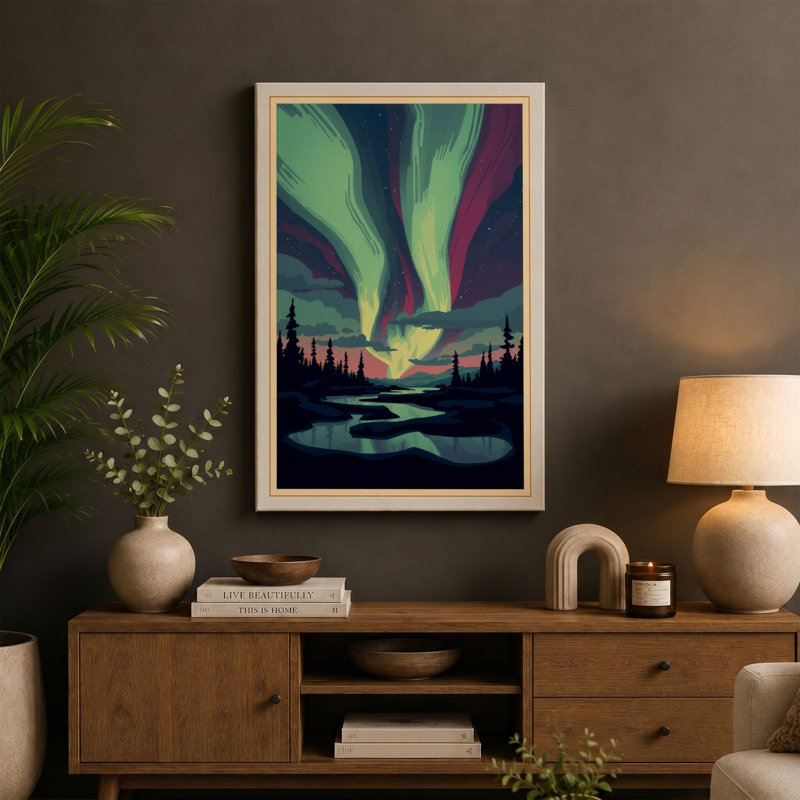 Aurora Over Silent Waters Scandinavian - Wrapped Canvas, 18x12 - 45.7 x 30.5 cm, Ochre Border