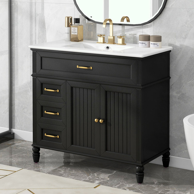 Meuble-lavabo 36 po avec lavabo, Noir, noir, noir, noir, Doré