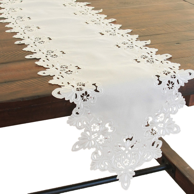 Victorian Lace Embroidered Cutwork Table Runner, Ivory, 54" L x 15" W