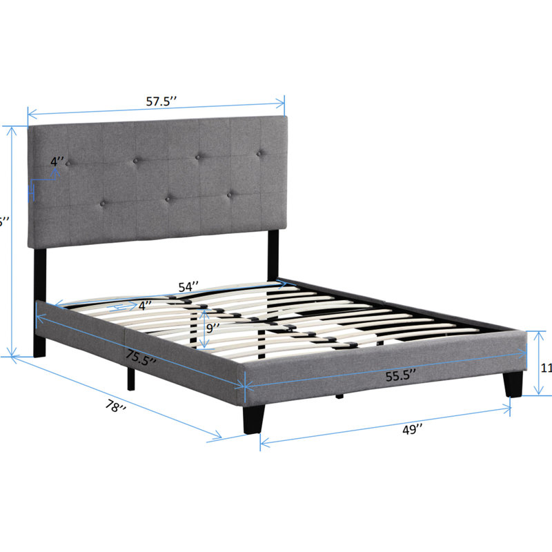 Full Size Modern Bed - Upholstered With Linen Button Headboard No Box Spring Needed Wood Slat Support Easy Assembly Style Grey Frame Look