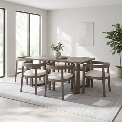 7-Piece Dining Table Set with 6 Upholstered Barrel-Back Chairs, Rectangular Tabletop & Double Pedestal Base – Kitchen Table for 6, Dining Room and Bre