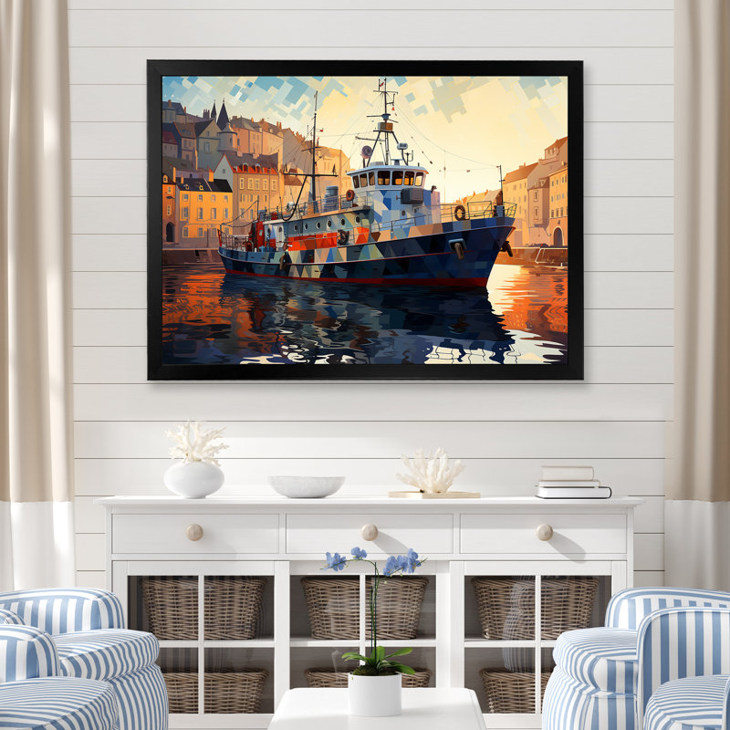 Bateau de pêche cubiste au port - Bateau côtier, art mural, Cadre d'angle fermé noir, H 24 po x l 32 po x P 1 po