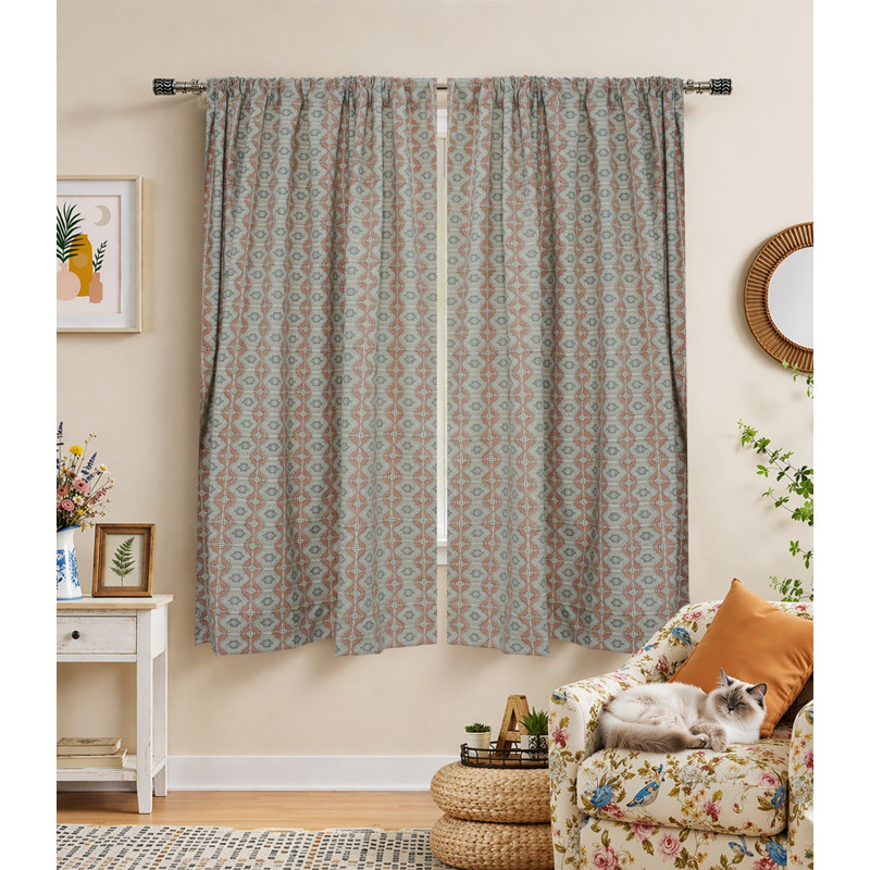 Bohemian Handcrafted Linen Curtains – Peach & Grey Block Print Floral Jhroka Window Drapes, 100" W X 36" L