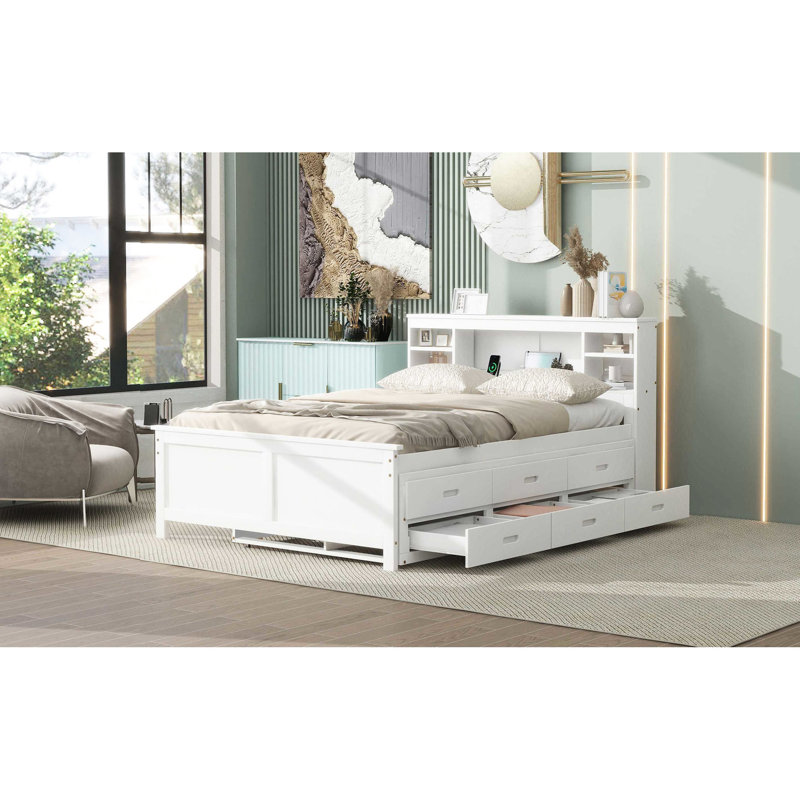 Lit double pleine grandeur avec tête de lit et - 3 tiroirs, lit gigogne simple, lit gigogne plateforme en bois massif blanc,