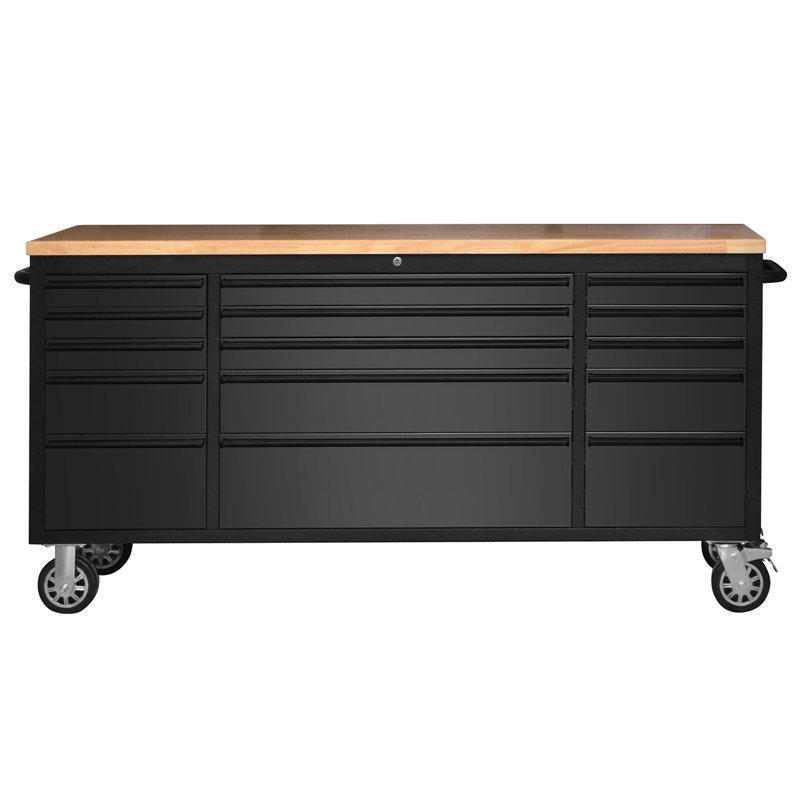 Coffre à outils roulant robuste 72 po - Armoire de rangement et établi en acier à 15 tiroirs - Serrure à clé, doublures de tiroir, plateau en bois d'hévéa - Garage, atelier, entrepôt, noir - Réglementation américaine