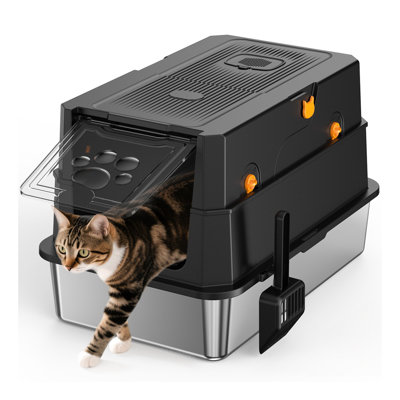 Enclosed Stainless Steel Cat Litter Box with Odor Control, High-Sided Covered Design & Scoop Holder