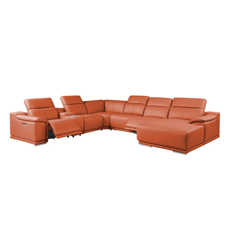 Canapé modulaire en forme de L 7 pièces DivanItalia Camel, Camel Genuine Leather, Orienté à droite