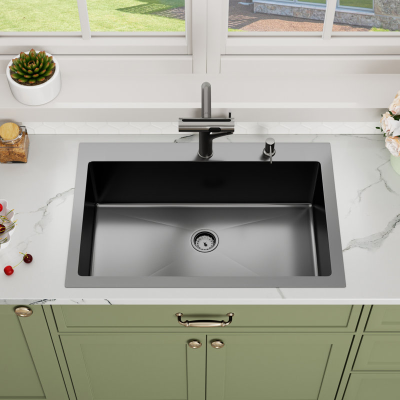 33"L x 22"W Drop-in Black Kitchen Sink 16 Gauge Stainless Steel Single Bowl Kitchen Sink, Gunmetal Black