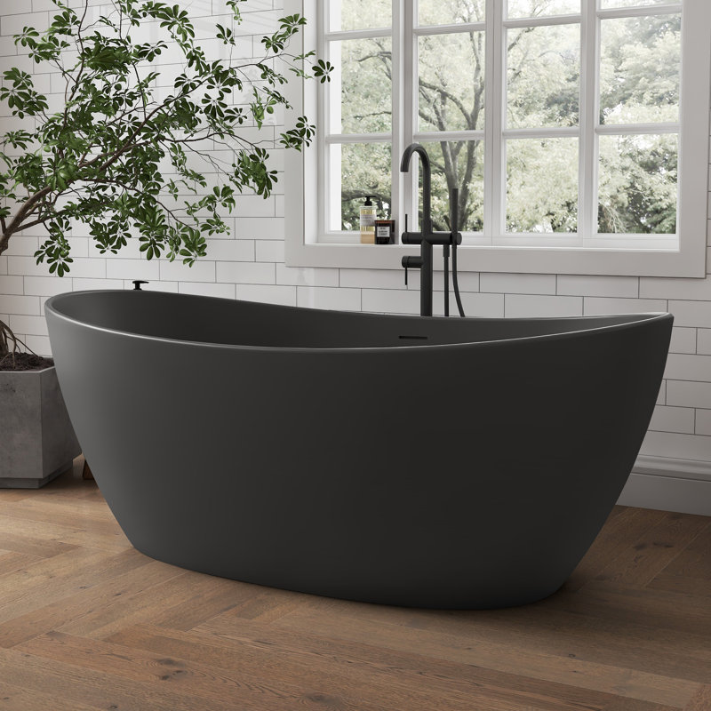 Forma 65'' Freestanding Bathtub Solid Surface Deep Soaking Tubs Double Slippers in Grey