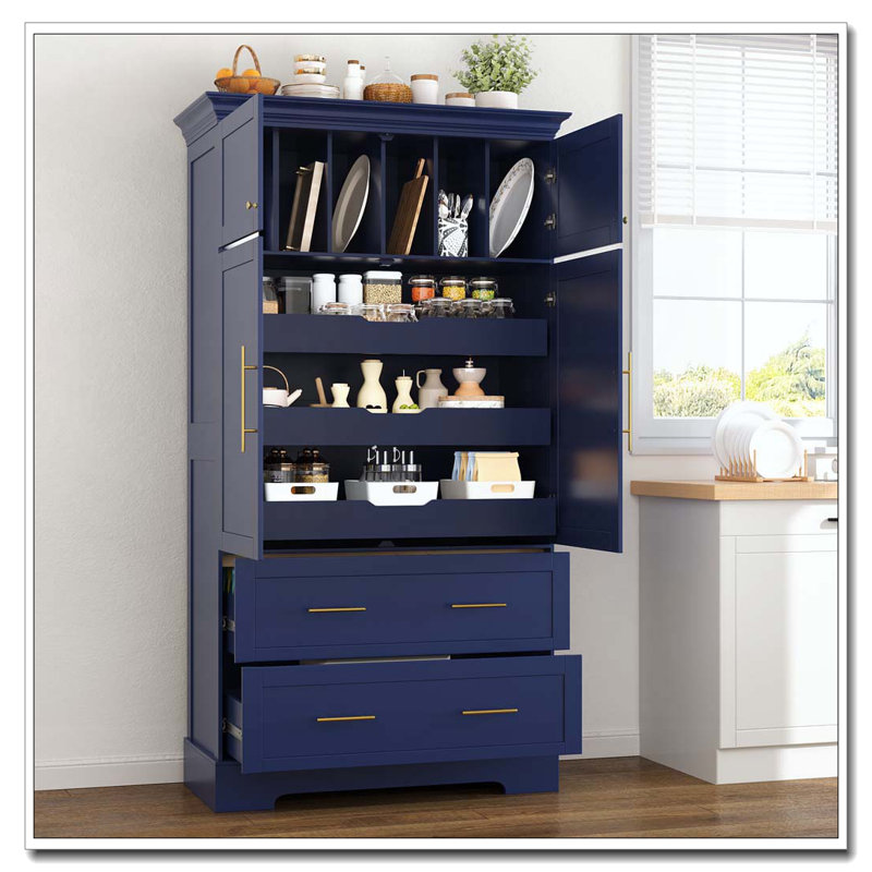 72.6'' Kitchen Pantry, 4 Doors Dining Storage Cabinet with Pull-out Trays, Drawers and Cake Pan Storage, Blue