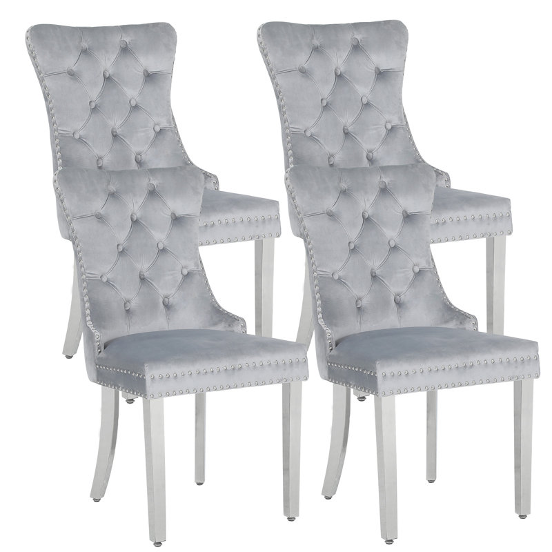 Chaises de salle à manger rembourrées avec dossier capitonné avec pieds en acier inoxydable, 4, Gris clair, Argent argent