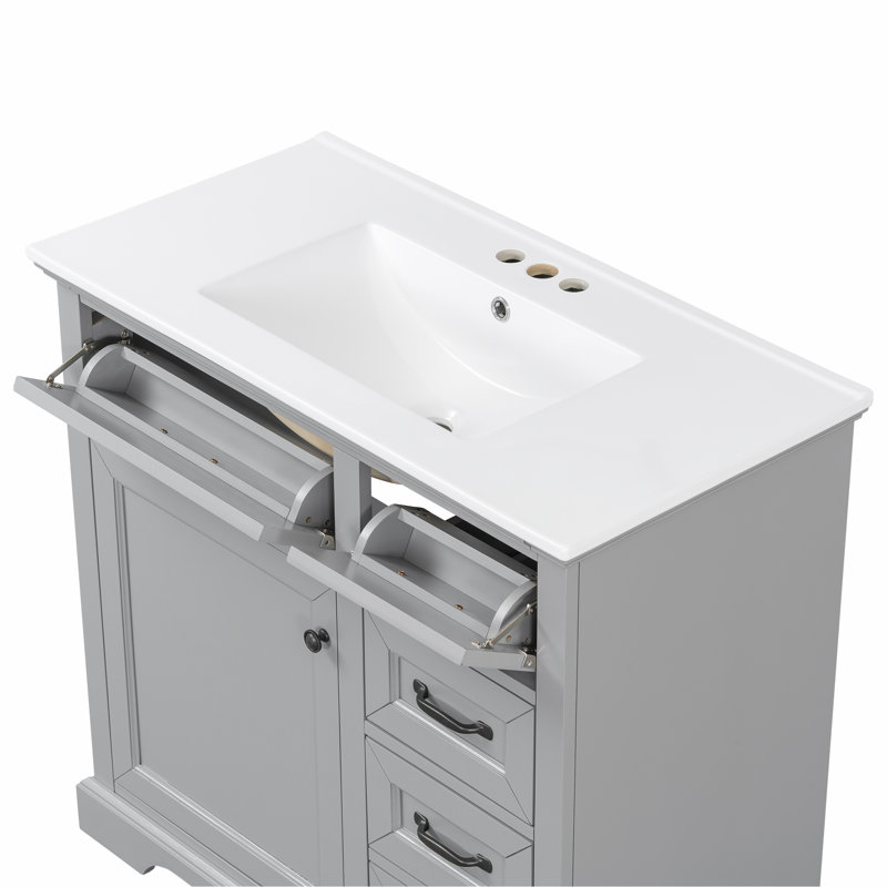 Meuble-lavabo de salle de bain avec lavabo, 2 tiroirs basculants, charnières de porte à fermeture en douceur