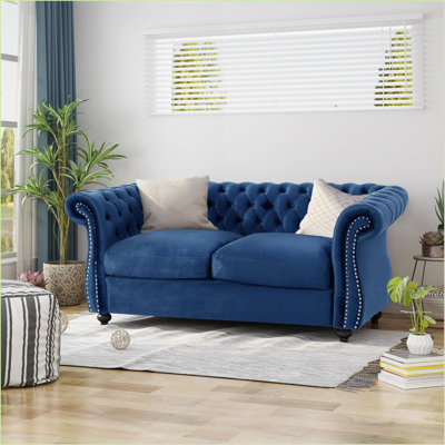 Loveseat Sofa, Traditional Chesterfield Style with Deep Tufting &amp; Rolled Arms, 61.75” Wide | Navy Blue Velvet