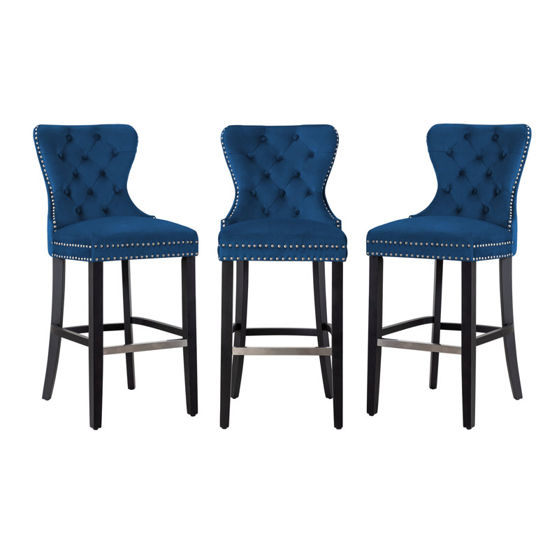 Kirsten Upholstered Counter Stool with Metal Frame, Blue, Bar Stool (29" Seat Height), Black
