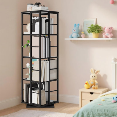 Bibliothèque pivotante en métal avec finition noire et bibliothèque autoportante à 360 degrés avec tablettes ouvertes verticales pour le salon, la chambre, le bureau à domicile, la bibliothèque, le rangement de livres