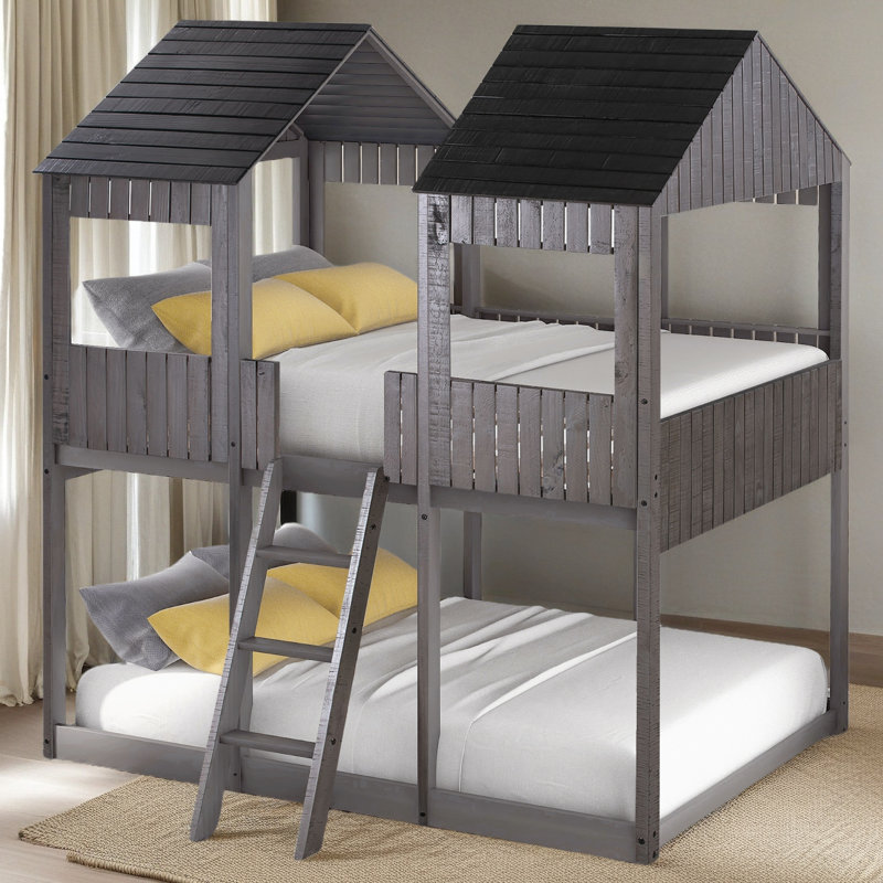 Full Over Full Woodbunk Bed With Roof, Window, Guardrail, Ladder, Antique Gray