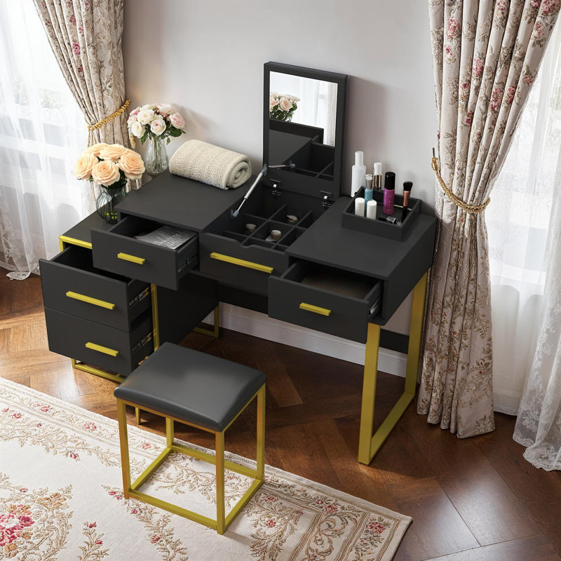 Ensemble de coiffeuse compacte avec 4 tiroirs, ensemble de coiffeuse à maquillage, Noir, noir, noir, noir