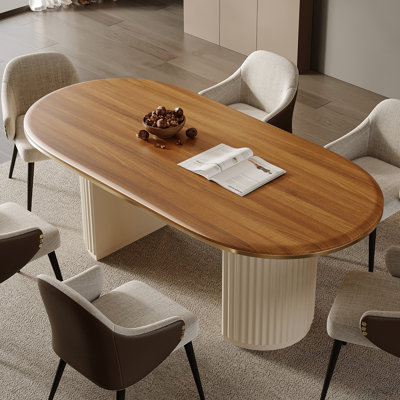 71" Mid-Century Oval Dining Table for 6, Modern Brown Wood Ktichen Table with Roman Column Legs