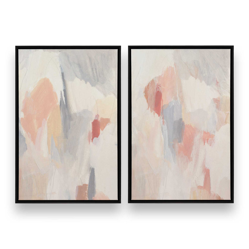 Doux rosé et crème, ensemble abstrait de 2, Cadre flottant noir satiné, H 30 po x l 42 po