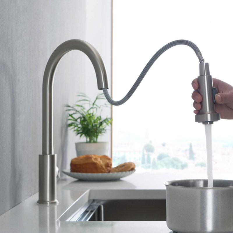 Robinet de cuisine à poignée simple Casa KIBI avec accessoires, Nickel brossé, Sans distributeur de savon