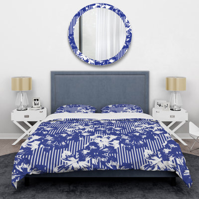 Rayures bleues et blanches à motif floral - Ensemble de housse de couette abstrait - Microfibre de polyester