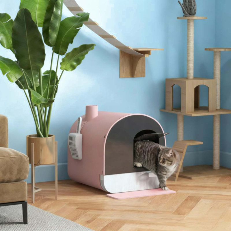 Litière pour chat avec couvercle avec pelle et filtre, Rose
