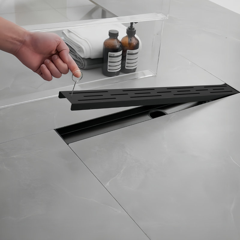 12 In. Linear Shower Drain Stainless Steel Shower Floor Drain With Hair Strainer And Leveling Feet In Matte Black