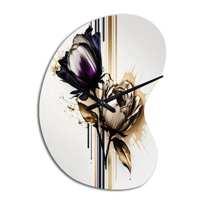 Purple Flower  On Abstract Paint III - Floral Asymmetrical Metal Wall Clock, Traditional Unique Shape Wall Clock Print, Grand