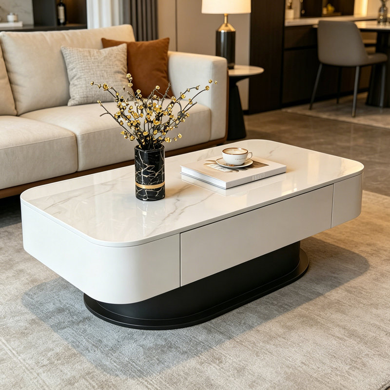 Élégante table basse avec tiroir Rock Slab, Blanc, 12.99" H x 39.37" L x 19.68" W