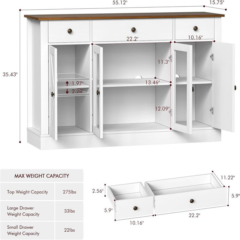 Abrianna 55.12'' Sideboard, White/Brown