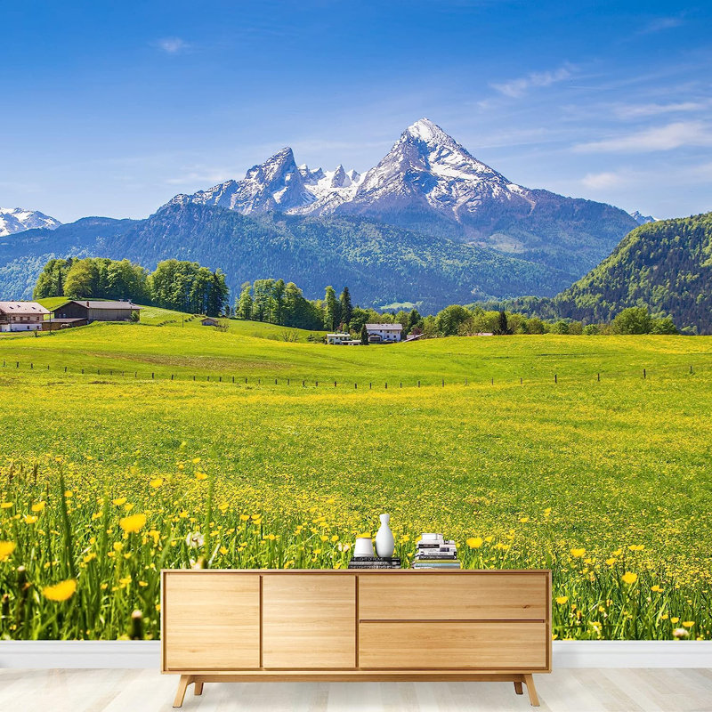 Adhésif mural paysage vert pré et fleurs, L 100 po x l 144 po