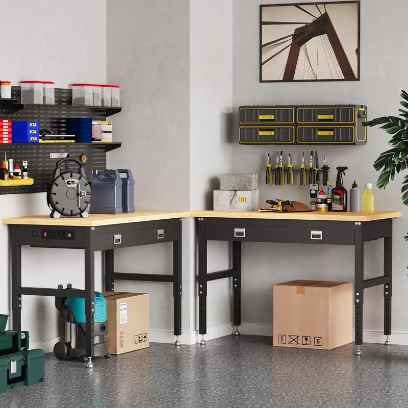 60" Workbench with Large Drawers,2200LBS Capacity Adjustable Desk, 28"-40" Manual Height Garage Storage Table for Workshop Home