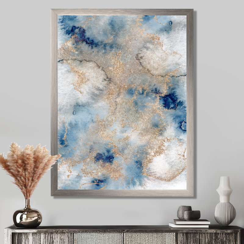 «Blue and Gold Marble Clouds I», reproduction sur toile, H 32 po x l 16 po, Impression encadrée, Argent argent
