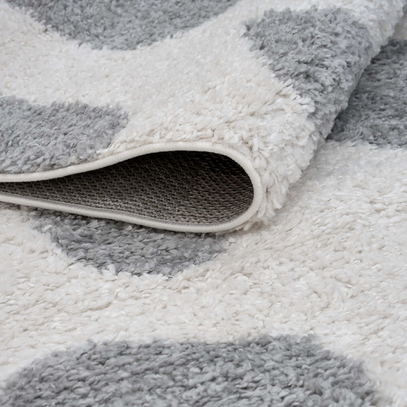 Moodi Modern Shaggy Area Rug Abstract Pebble Design, Round 120 cm, Off-White/Grey