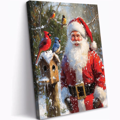 Abiella - Père Noël, scène d'hiver, impressions sur toile, Cardinals & Birdhouse, reproduction d'art sur toile, œuvre d'art des Fêtes pour la décoration intérieure