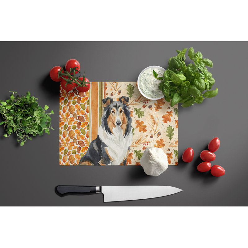 Tricolor Collie Heirloom Fall Glass Cutting Board