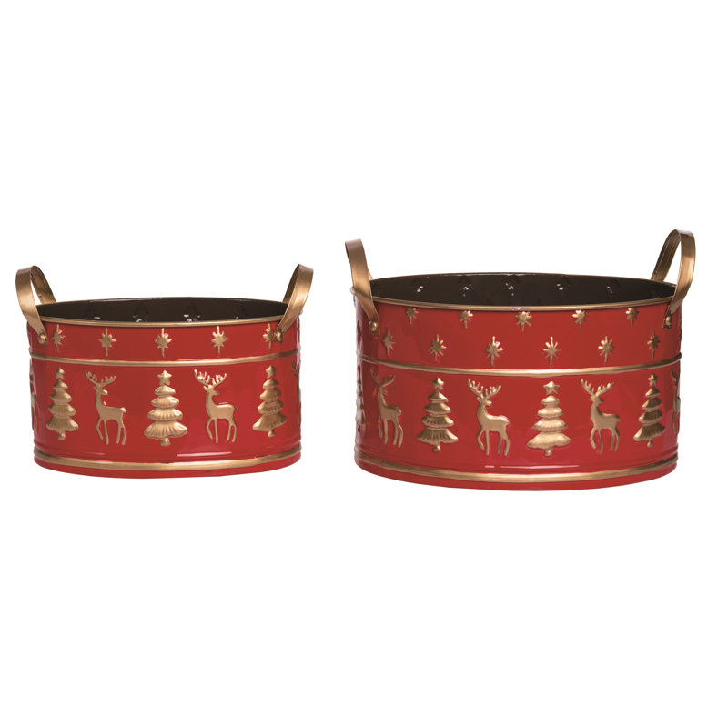  Metal 14.75 in. Red Christmas Nested Buckets with Trees and Reindeer Set of 2