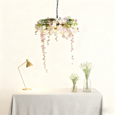 3-light Dimmable Pink Flower Wicker Plant Chandelier