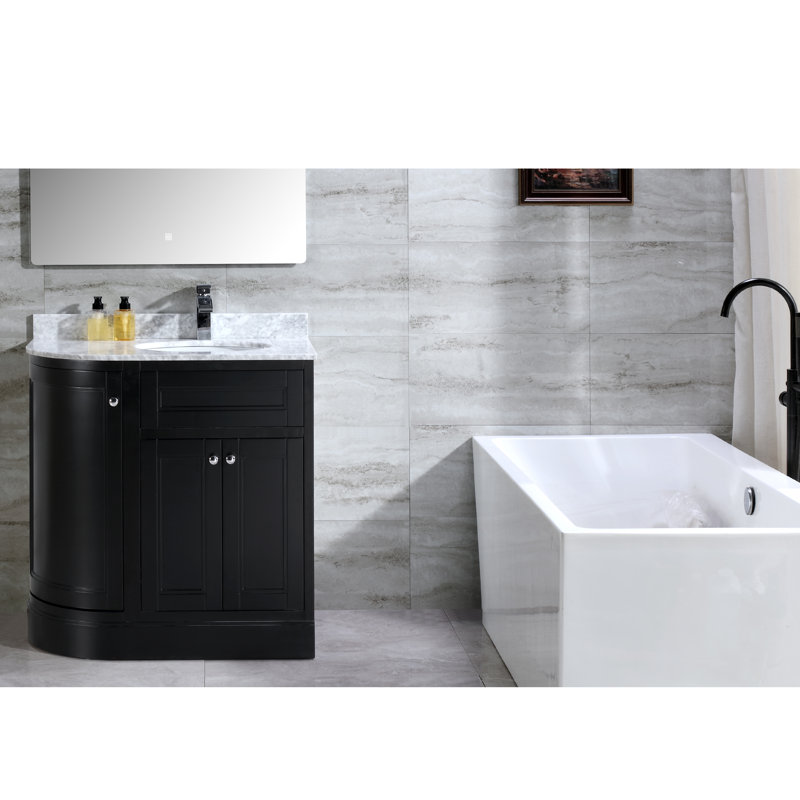 Ensemble de meuble-lavabo simple 36 po avec plateau Mirhan, Marbre de Carrare, Noir