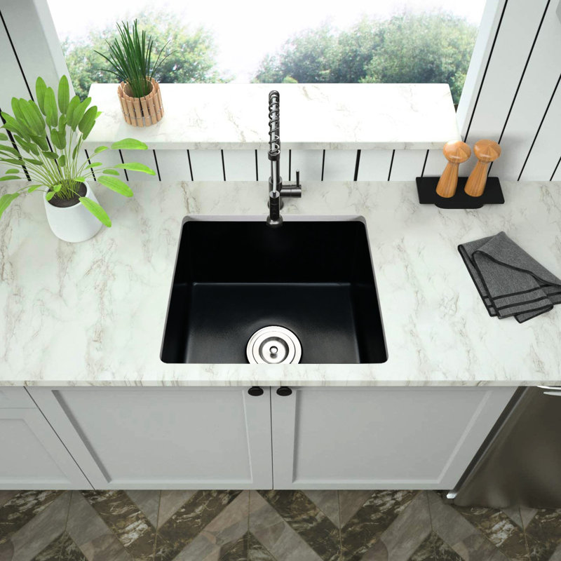 Évier de bar encastrable en quartz, 18 po x 16 po, noir mat, résistant à la chaleur et aux rayures, antirouille, fixation 18 po x 16 po avec crépine