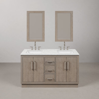 Hunner 60" Carrara White Marble Countertop Bath Vanity in Gray Oak with Faucet and Mirror