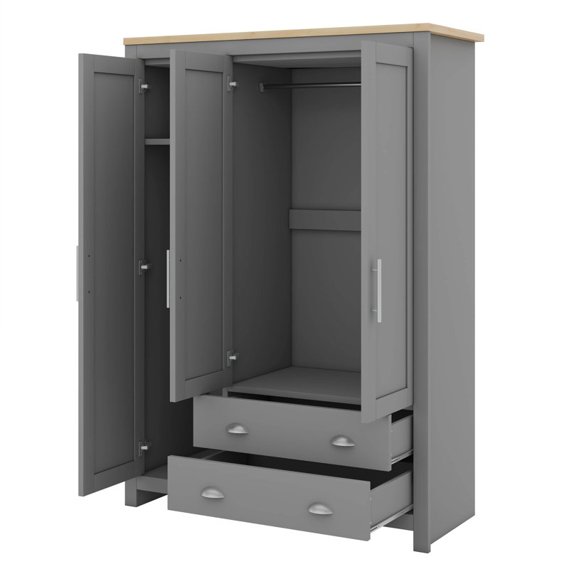 Armoire 3 portes avec 2 tiroirs, 2 tringles et tablettes
